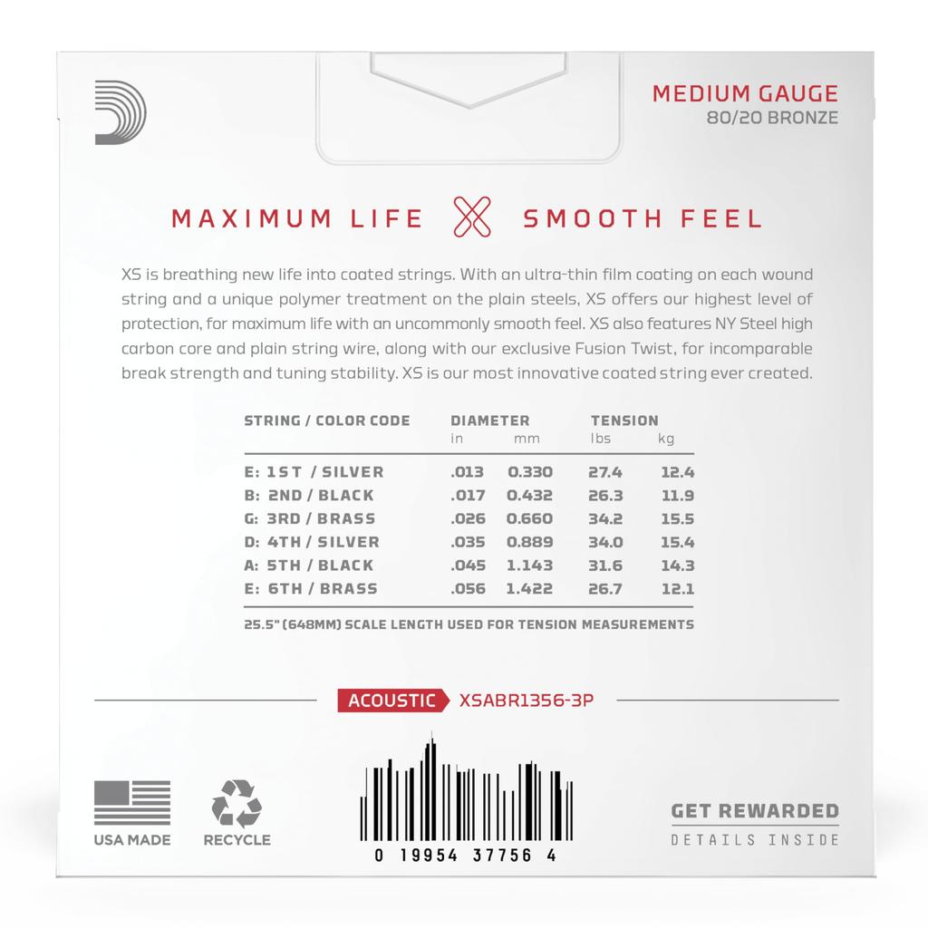 D'Addario XS Coated Acoustic Guitar Strings 80/20 Bronze Medium .013-.056 XSABR1356-3P 3-Pack