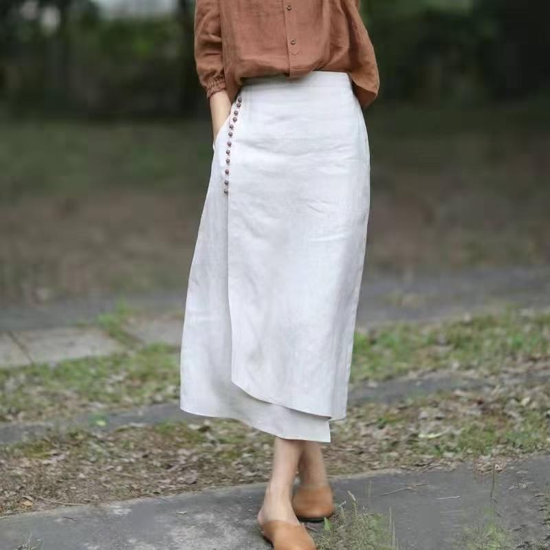 

Literary Cotton Linen Split Skirt Women Single Breasted Midi A-Line Skirts Vintage Asymmetric Skirts Slimming M