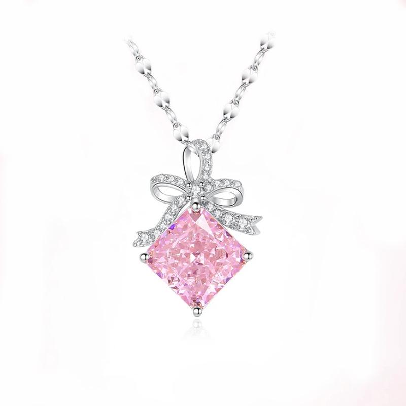 Girls  Pink Ice Flower Cut Bow Tie Pendant Necklace, Sterling Silver, High-End Luxury. 925 Silver