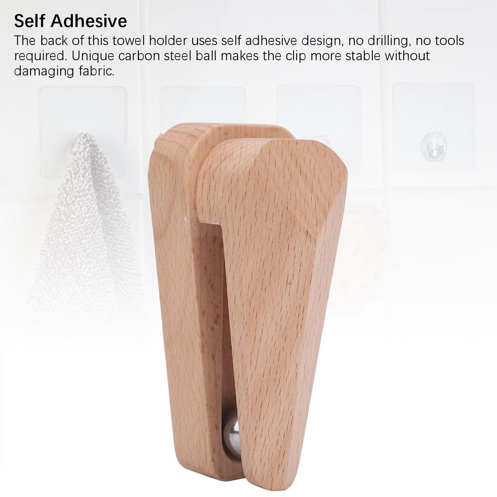Solid Wood Towel Clip Self Adhesive Multifunctional Space Saving Wall Mounted Wooden Towel Holder for Bathroom Kitchen Home