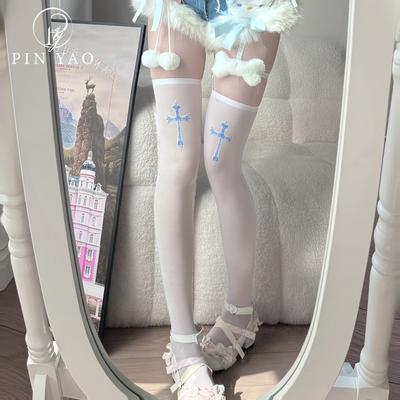 Japanese Cross Cute Print Subculture Knee Socks Stockings White Silk Velvet Sweet Girl Thigh Socks