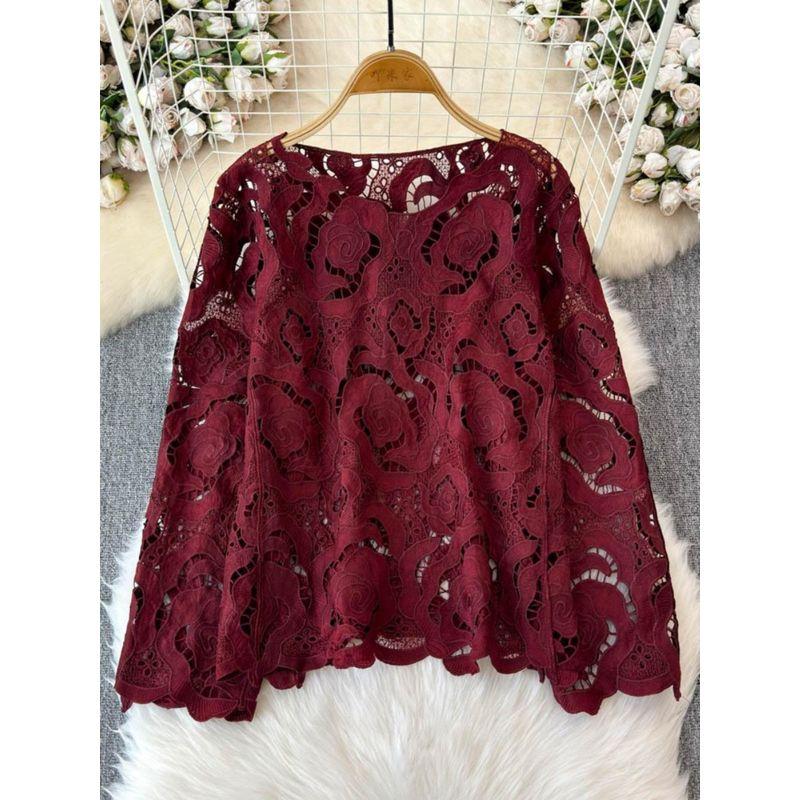 French Horn Long Sleeves Weaving Hollow Crochet Knitwear Women's Summer Wear Lazy and Loose Slimming outside Wear Sun Protective Blouse