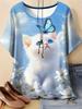 Moda Donna Girocollo Manica Corta Stampa Animale Colorata 3D T-shirt Manica Corta Girocollo con Animali