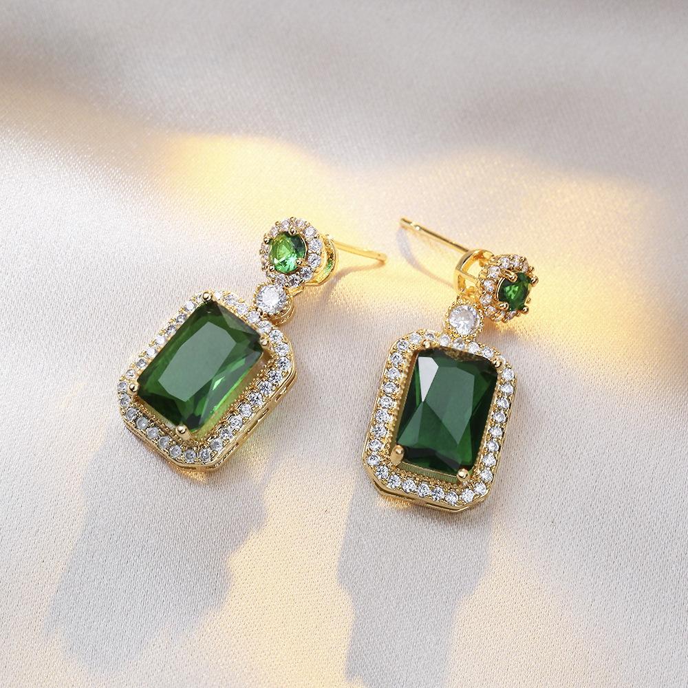 3D Square Green Rhinestones Dangle Earrings for Women Wedding Party Elegant Jewelry Geometry Round Crystal Drop Earrings Gift
