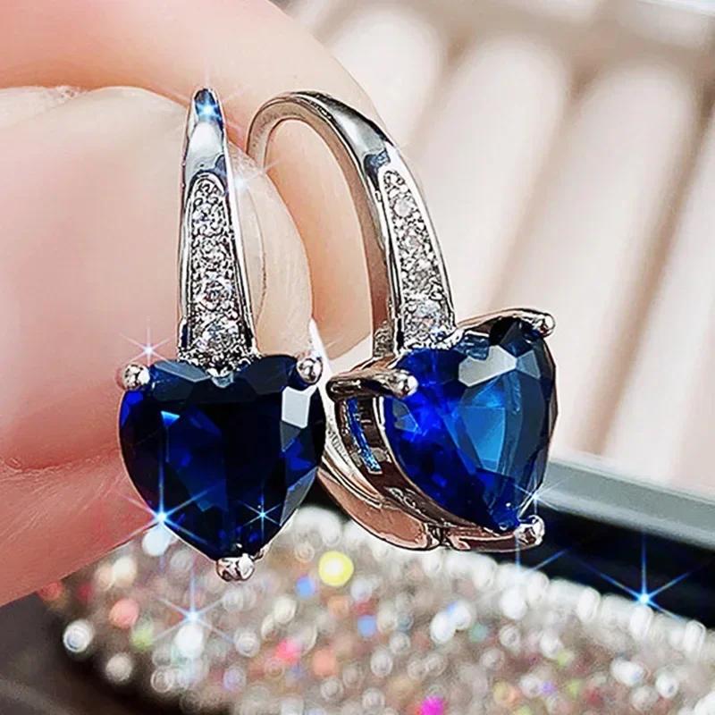 Blue Cz Heart Earrings For Women Elegant Simple Wedding Accessory  Fashion Versatile Ear Jewelry Gift