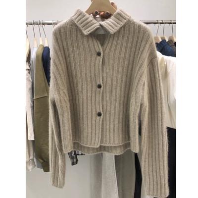 Gray Short Vertical Striped Collar Wool Knitted Cardigan Autumn and Winter New Sweater Jacket Women's Clothing