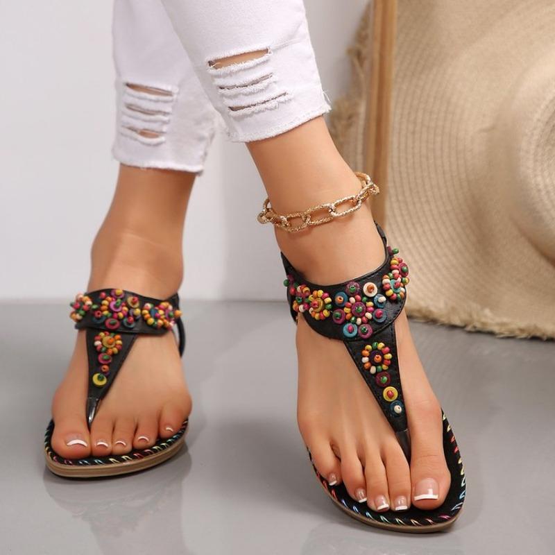 Women's Beaded Ethnic Style Clip-foot Herring-shaped Flat Sandals Flat-heeled Women's Shoes