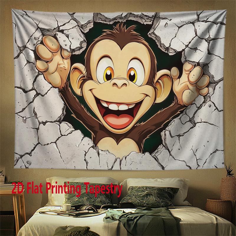 Funny Cartoon Monkey Breaking Wall Tapestry Cute Chimp Cracked Wall Wall Hanging Kids Room Decor suitable offices bars party 74x94cm(29x37in)