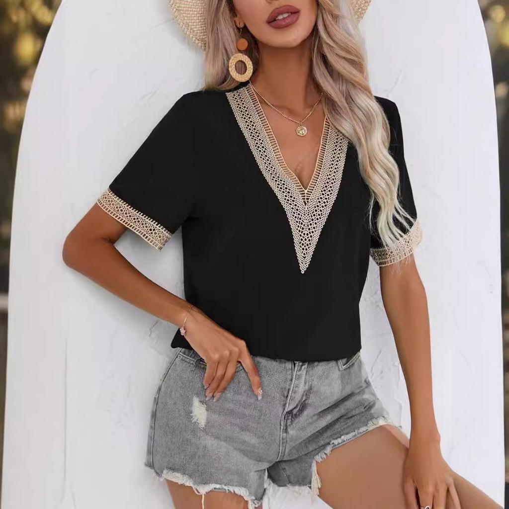Summer Women's Lace Trim V-neck Short Sleeve T-shirt, European American Style Casual Tops For Women