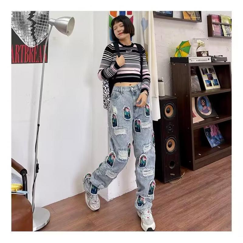 JYL Men s Straight Jeans European High-Street Ripped Patch Vibe HipHop Denim XL