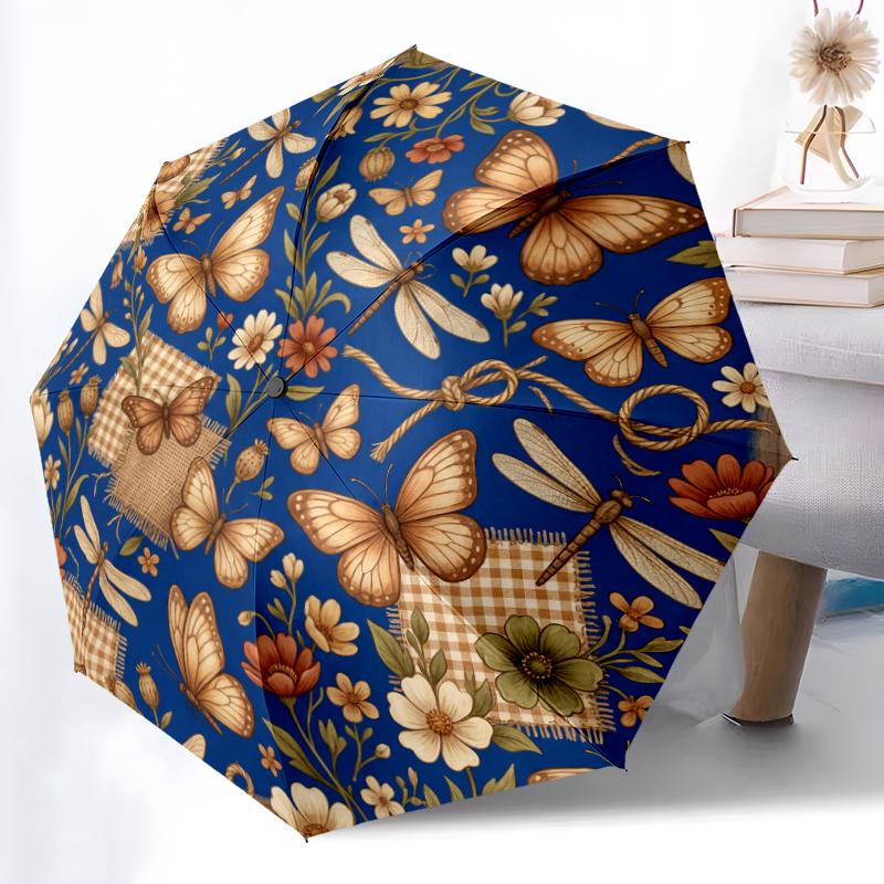 1pc Sturdy 8-Bone Auto Umbrella, Astral Dual Butterfly Umbrella, Digital Printed, Foldable Umbrella for On-the-Go Outdoor Use