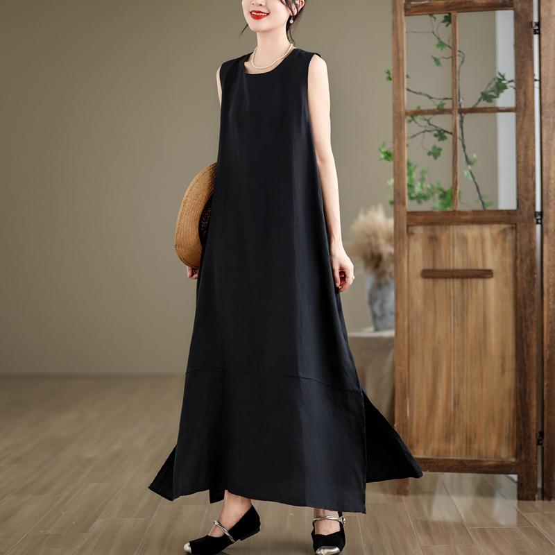 DIMANAF 2025 Women Summer Dress Solid Casual Ladies Basic Long Dress Linen
