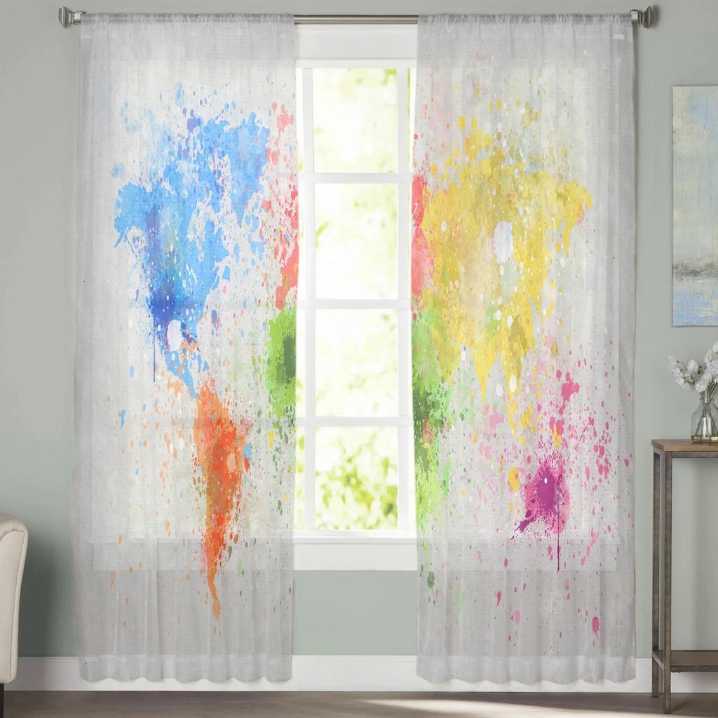 Earth Splash Ink Watercolor Tulle Curtains Balcony Room Fashion Printed Sheer Curtain Living Room Window Modern Decor