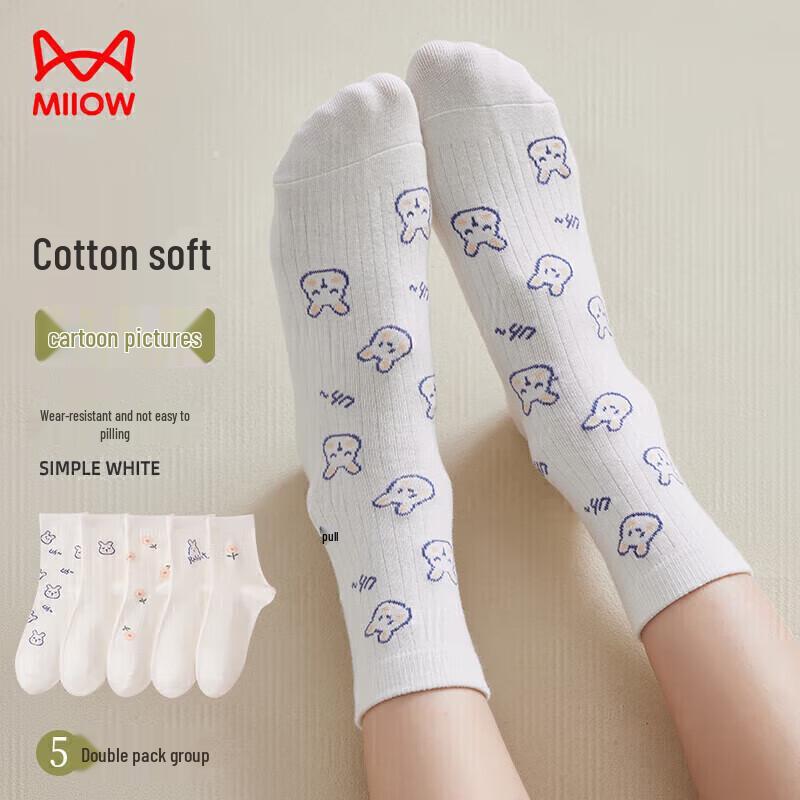 Mao Ren Women s Cotton Rabbit Jacquard Mid-Calf Socks (5 Pairs) One Size