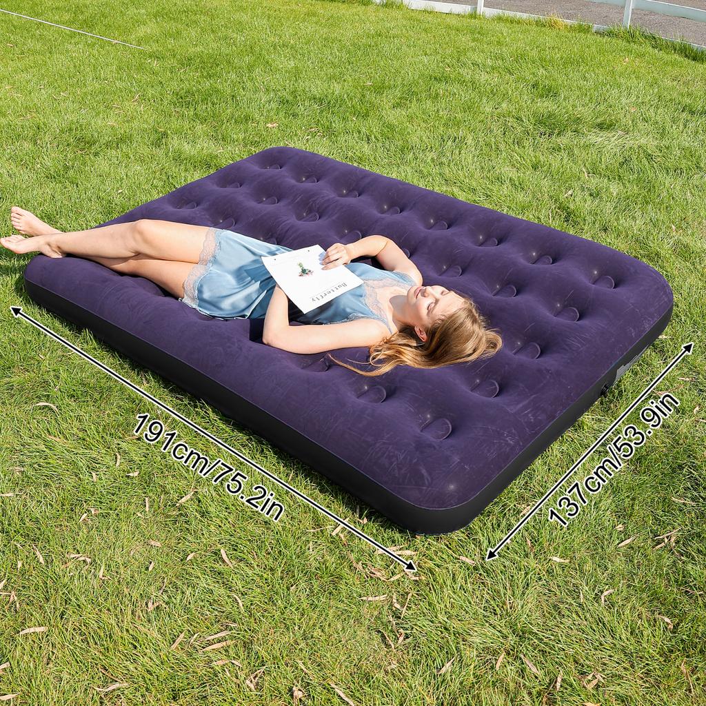 Inflatable Air Mattress Double Size Camping Bed with Flocked Surface Portable Blow Up Mattress Outdoor Guest Sleeping Bed