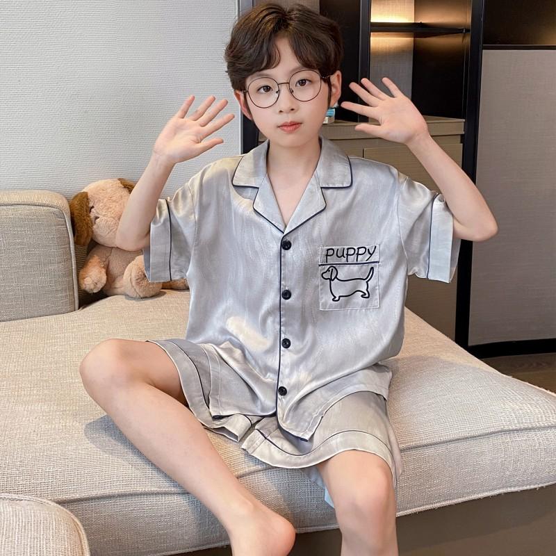 Boys Ice Silk Pajama Set Short Sleeve Shorts Kimono Style Cartoon Print Lightweight Sleepwear Kids 8