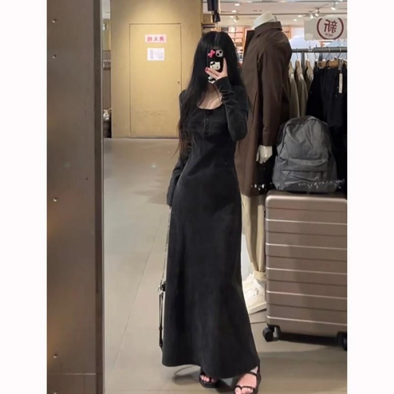 Elegant Vintage Hepburn Style Washed Long Sleeve A-Line Dress Women 2025 High Waist Slim Fit Small