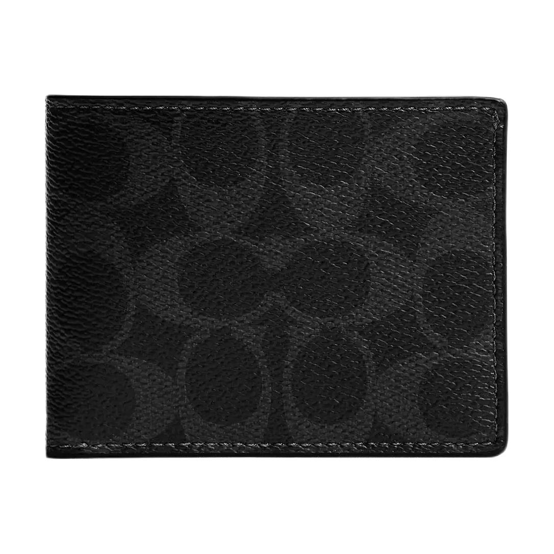 Coach Billfold Slim 10 Logo Print Double Fold Design Signature Coated Canvas With Fine Calfskin Wallet Men wallet Black Gray 923-OY2 Black Gray