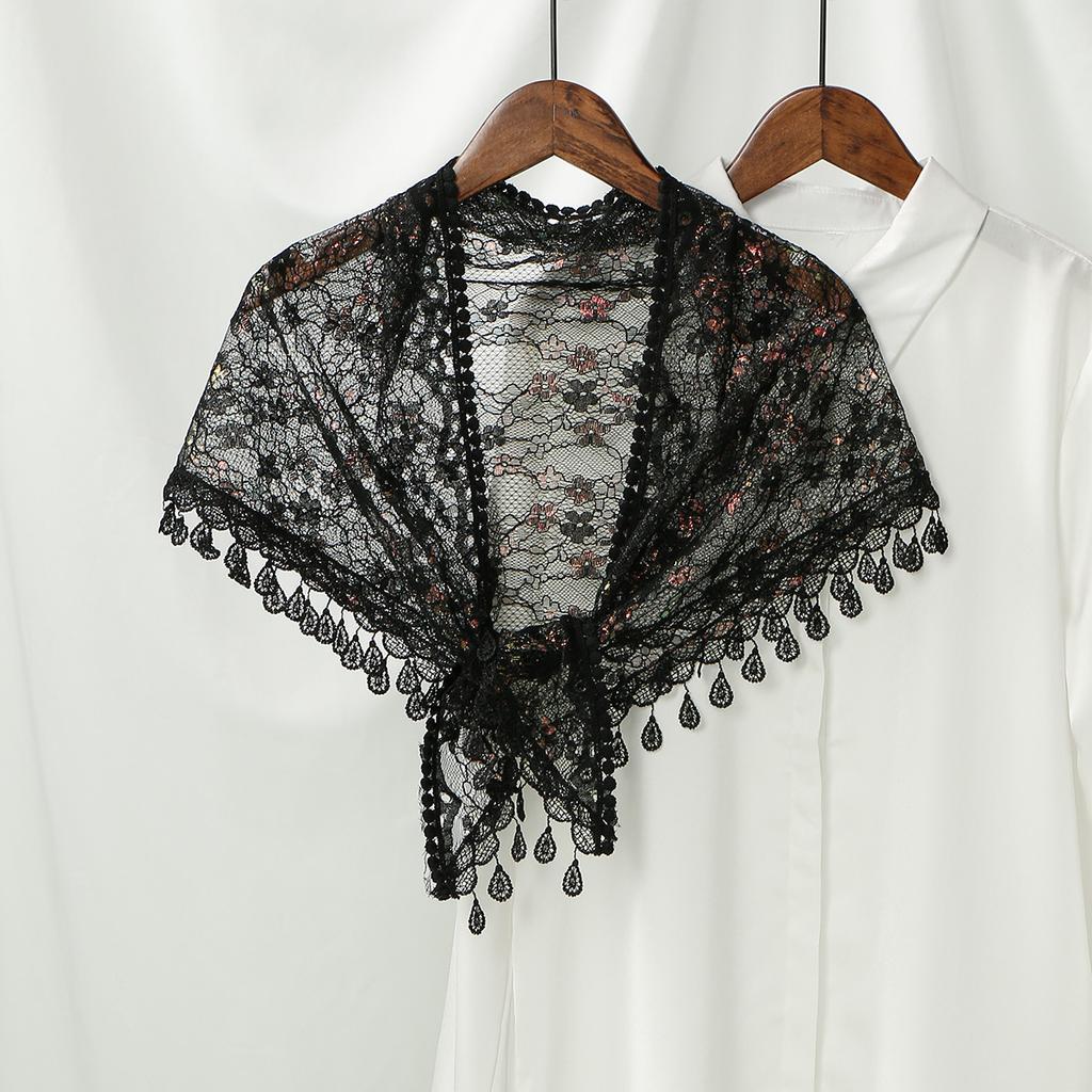 Women Lace Triangle Scarf With Tassel Embroidered Solid Color Shawls Veil Fashion Lightweight Prayer Hijab 160*50Cm