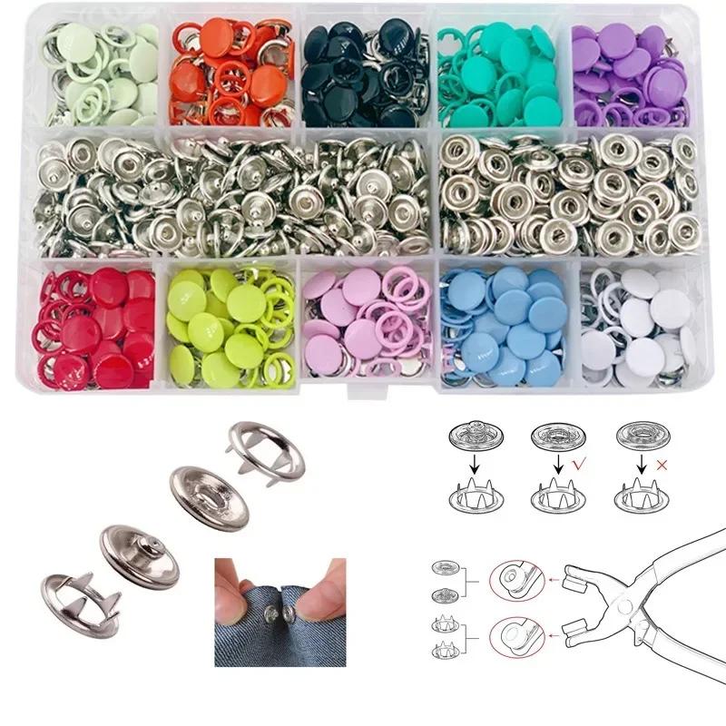 100pcs Metal Prong Snap Fasteners Buttons Solid Hollow Press Button Studs With Pliers Tool Kits For Clothes Bags Garment Sewing