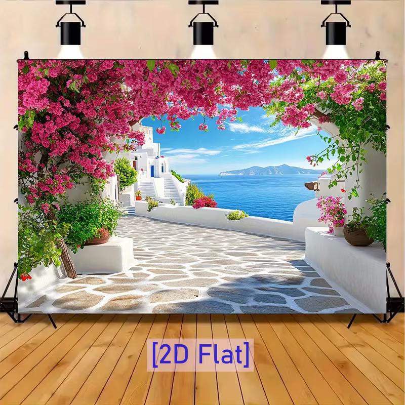 Summer Greek Island Backdrop Cobblestone Path Bougainvillea Blue Sea Photography Background
