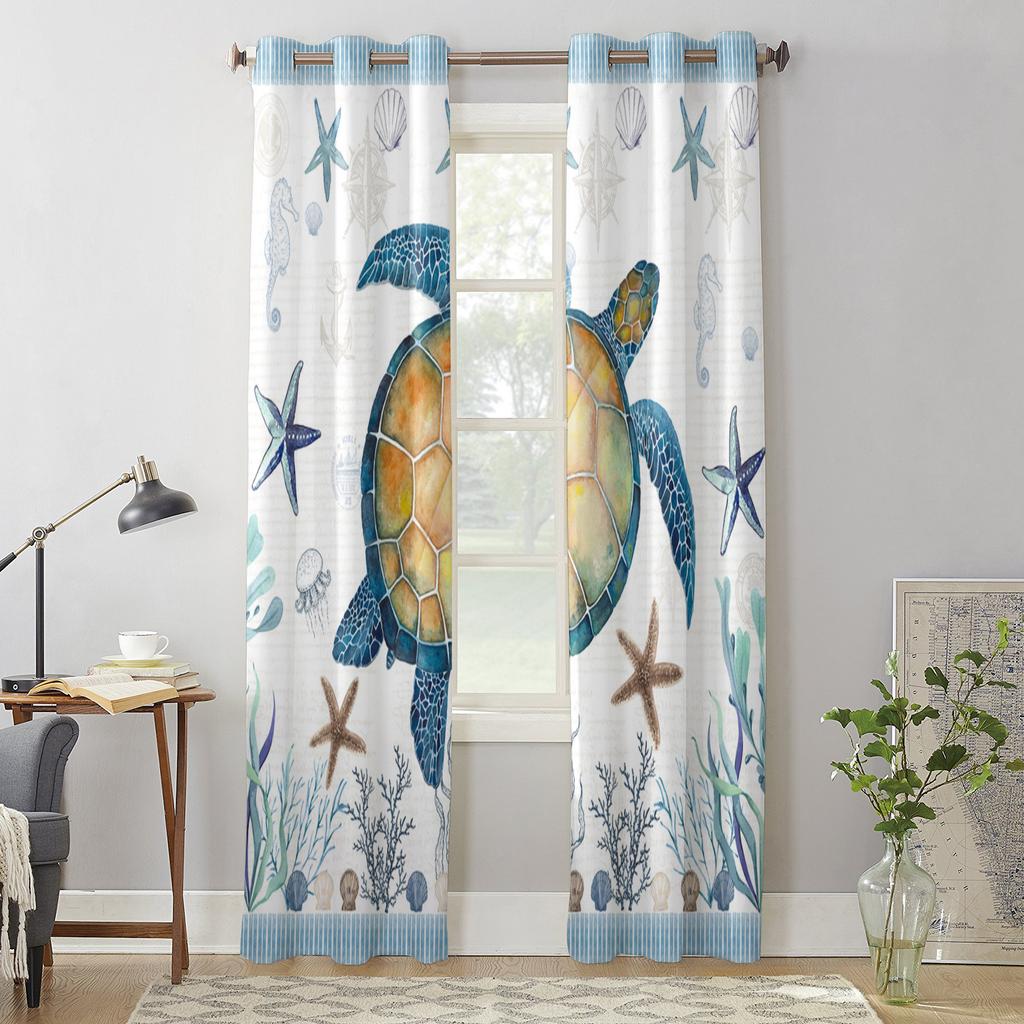 Bedroom Kitchen Curtain Sea Turtle Blue Starfish Shell Window Curtains Curtains for Living Room Decorative Items