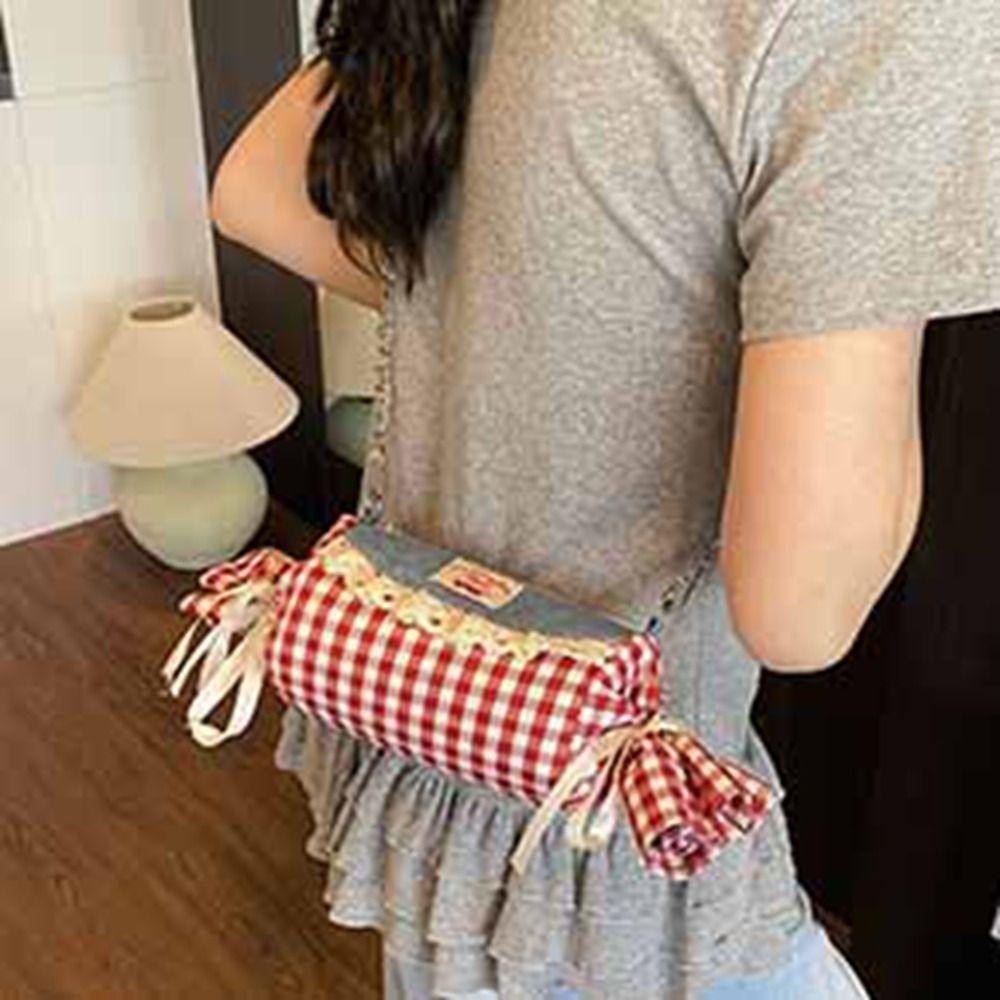Cherry Red Plaid Crossbody Bag Canvas Denim Lace Shoulder Bag Lightweight Candy Shape Bag Women