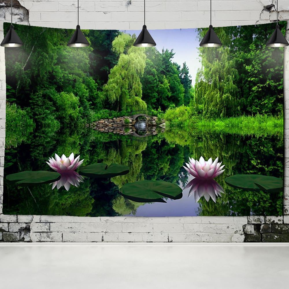 Wandteppich mit grünen Bergen und grünem Wasser, zum Aufhängen, böhmische Naturlandschaft, bunte Tischmatte, Wohnzimmer-Dekoration