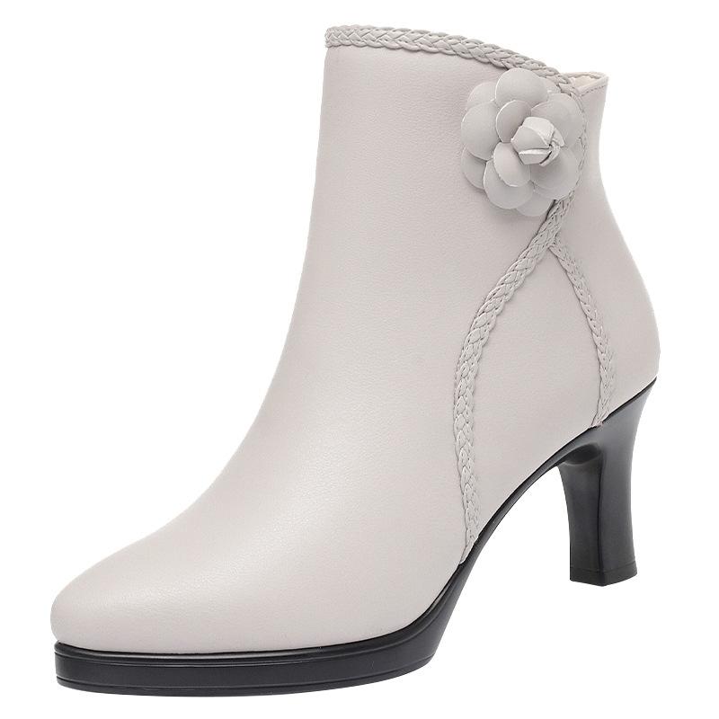 Spitze kurze Stiefel Damen High Heels Herbst und Winter, neue Stiletto weiße Stiefel mit Rock Mutter Baumwollschuhe Samt Lederschuhe