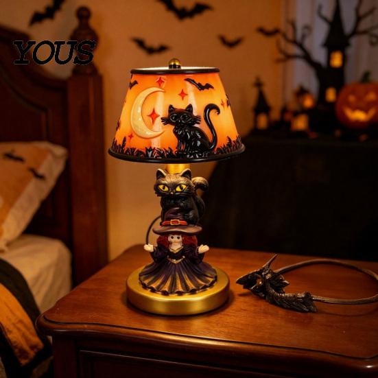 Non Dazzling Bedroom Lamp Halloween Vintage Table Lamp, Retro Resin Pumpkin Skeleton Black Cat Decorative Night Light, Gothic Bedside for Living Room
