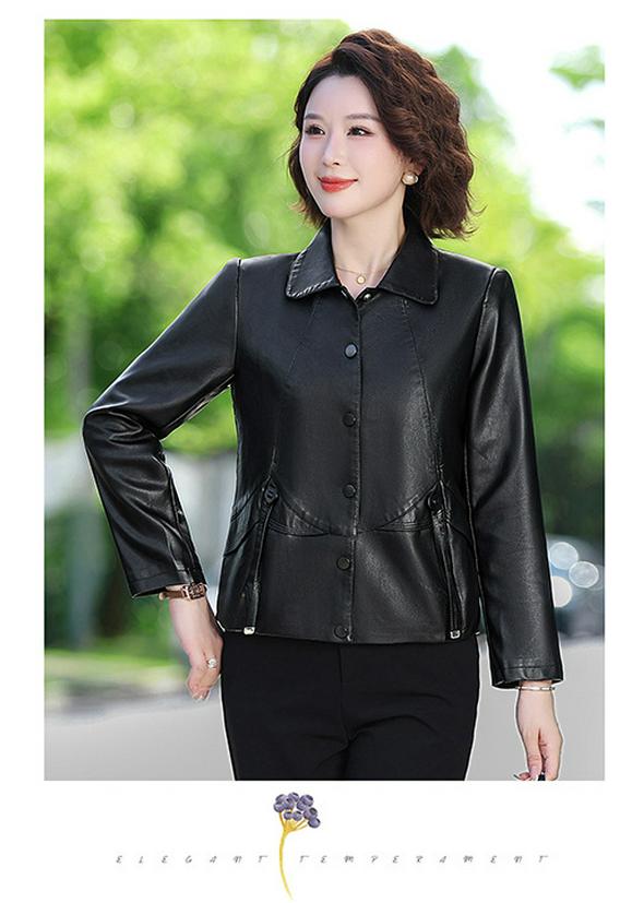 Stilvolle Faltenreduzierende Damen-Lederjacke mit kurzem Revers für Frühling und Herbst