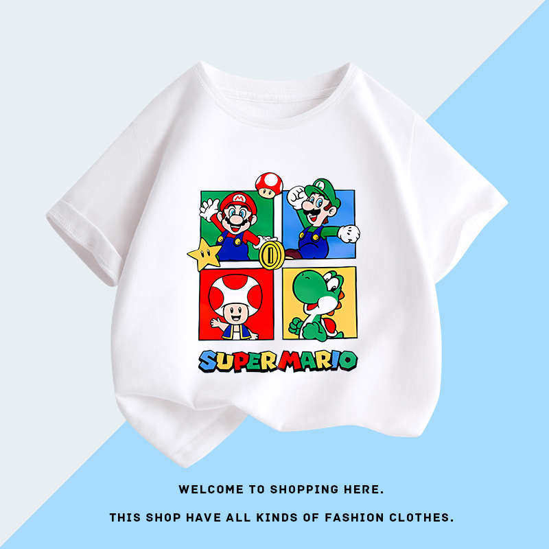 2026 Super Mario and Luigi Anime Childrens Cotton Shortsleeved Tshirt Cartoon Game Trendy Top for Boys Casual Short Sleeves