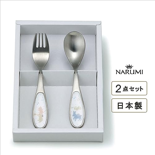NARUMI Children's Cutlery Set, "Let's Eat Together!" 2-Piece Set (Spoon, Fork, Easy-to-Scoop Tableware), Perfect for Baby Showers, First Meal Ceremoni