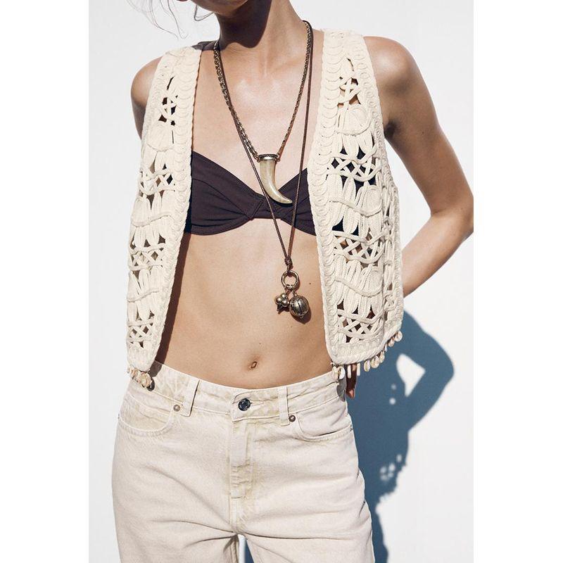 Summer New Product Women's Clothes Seaside Vacation Style Shell Trim Sleeveless Cardigan Knitting Vest Jacket 2142054