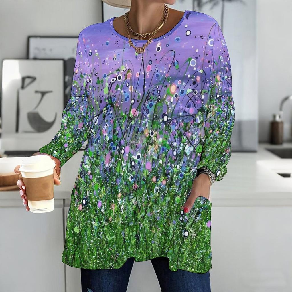 Plus Size Ladies V Neck Long Sleeve Tunic Soft Oversized Tops For Casual Outing And Family Activities