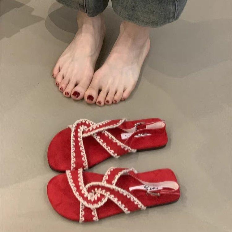 French retro cross with flat women's shoes bohemian with skirt open-toed with Roman sandals women's summer