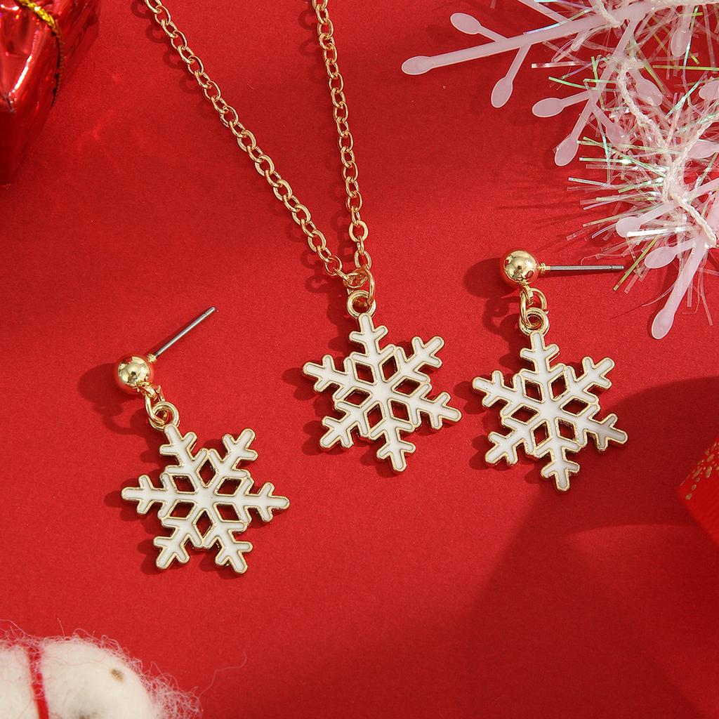 Premium Christmas Earrings Necklace, Light Luxury Simple Oil Drip Snowflake Collarbone Chain Jewelry Set