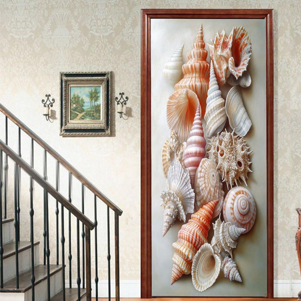 1pcs Porch Beach Scenery Shell Vinyl Door Sticker For Bedroom Home Decor Self Adhesive Removable Wall Decal Door Renovation Waterproof Poster