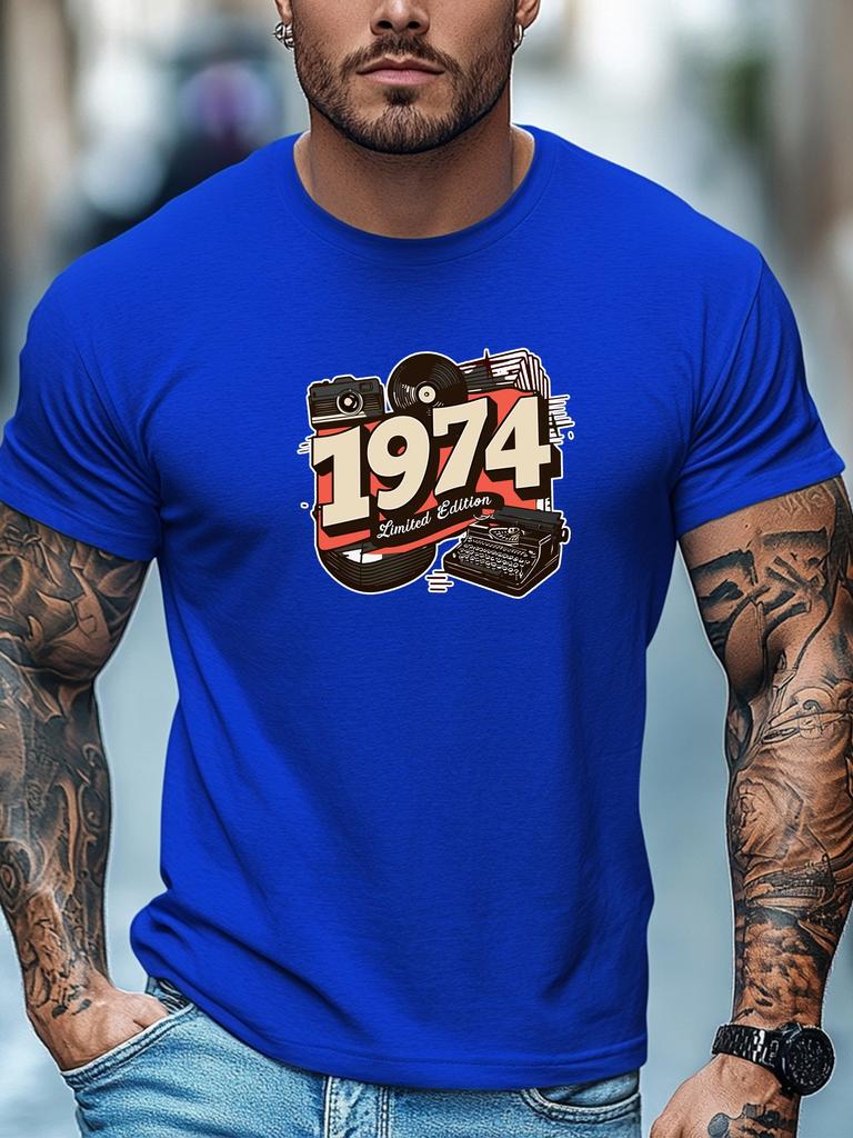 Mens Retro TShirt 1974 Limited Edition Vintage Print Short Sleeve Round Neck Breathable Nostalgic Daily Wear TShirt