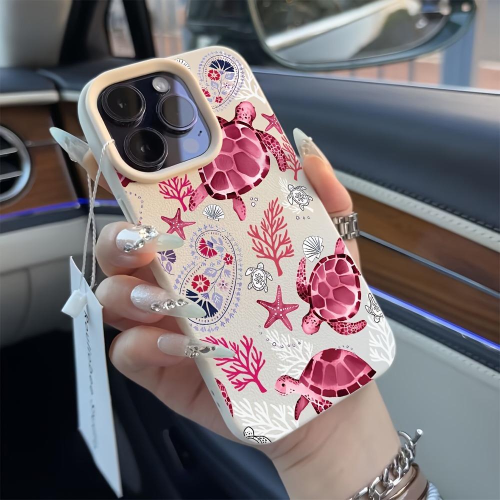Pink Sea Turtle Print Lychee Texture Phone Case For iPhone 11 12 13 14 15 16 17 Pro Max 14 15 Plus 17 Air Silicone Soft Cover
