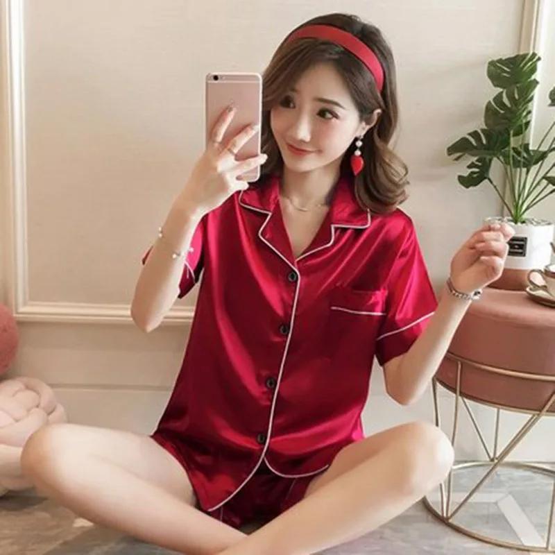 2PCS/Set Übergröße Damen Pyjama Einfarbig mit Knöpfen Cardigan Kurzarm Shorts Homewear Dünne Sektion Damenmode Outdoor