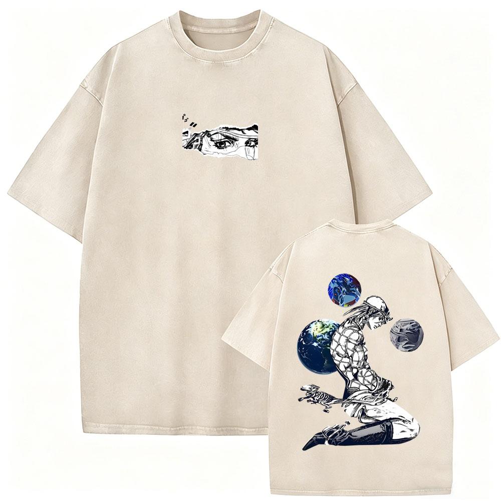 Washed Vintage Anime Jojo Bizarre Adventure Tshirt Retro Manga Giorno Giovanna T Shirts Men Casual Cartoon Oversized Tshirts