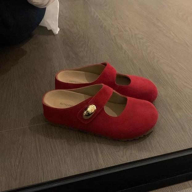 

Versatile new calf velvet inner heightening platform Mary Jane Birkenstocks half slippers summer 40 червоний