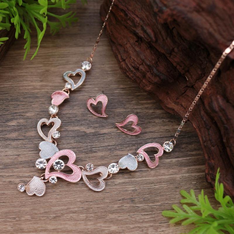 New enamel color hollow love stud earrings necklace set women's fashion high sense heart necklace