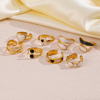 Black White Enamel Geometric Open Rings For Women Stainless Steel Irregular Adjustable Gold Color Ring Fashion Jewelry Gift