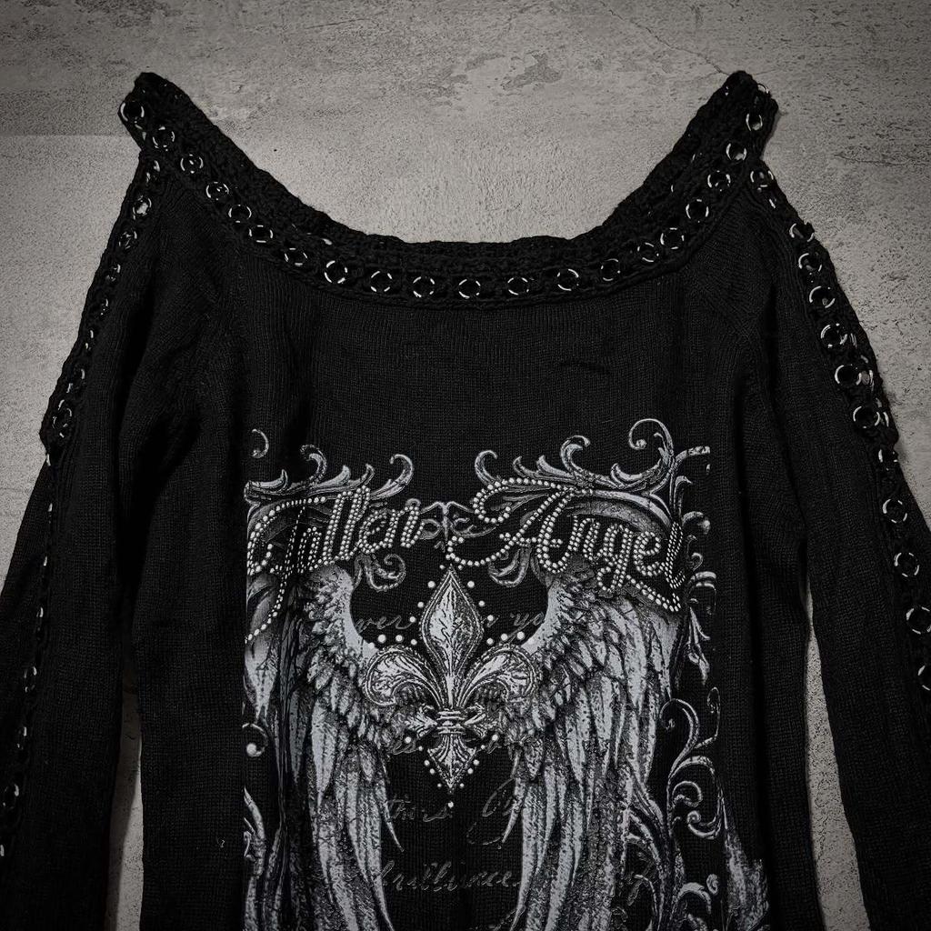 2026 Dark Gothic Fallen Angel Rhinestone Strappy Off-the-Shoulder Long Sleeve Women's Top