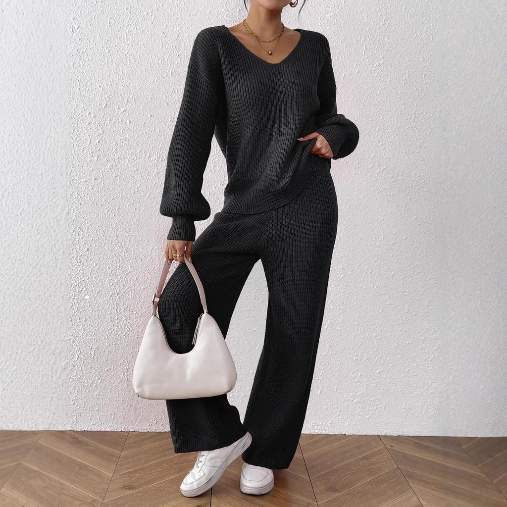 Women's minimalist casual fashion knit set: V-neck loose top + solid color wide-leg straight-leg pants sweater two-piece set