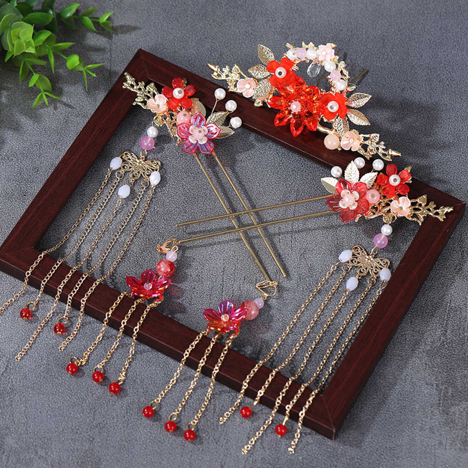 

Women Red Ancient Style Crystal Hair Crown Set Metal Hairpins Hair Accessories for Women Wedding Party Cosplay Gifts