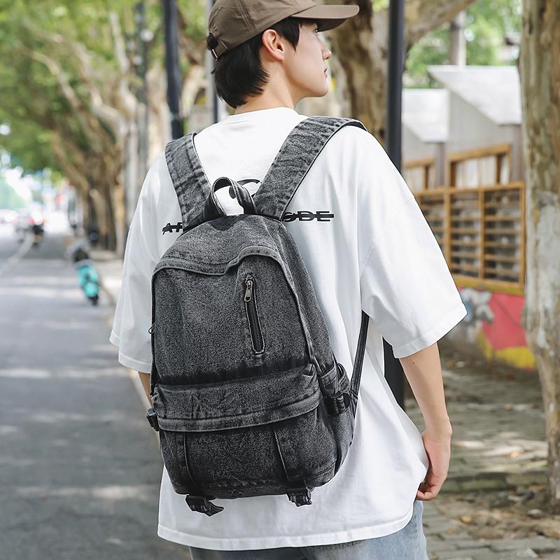 Vintage Solid Color Denim Backpack Large Capacity Travel Backpack Middle School Student Schoolbag