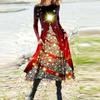 Women's Fashion Casual Christmas Printed Round Neck Pullover Slim Fitting Long Sleeve Dress